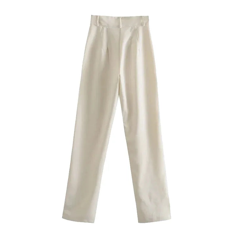 Women Chic Fashion Office Wear Straight Pants Vintage High Waist Zipper Fly Female Trousers Mujer