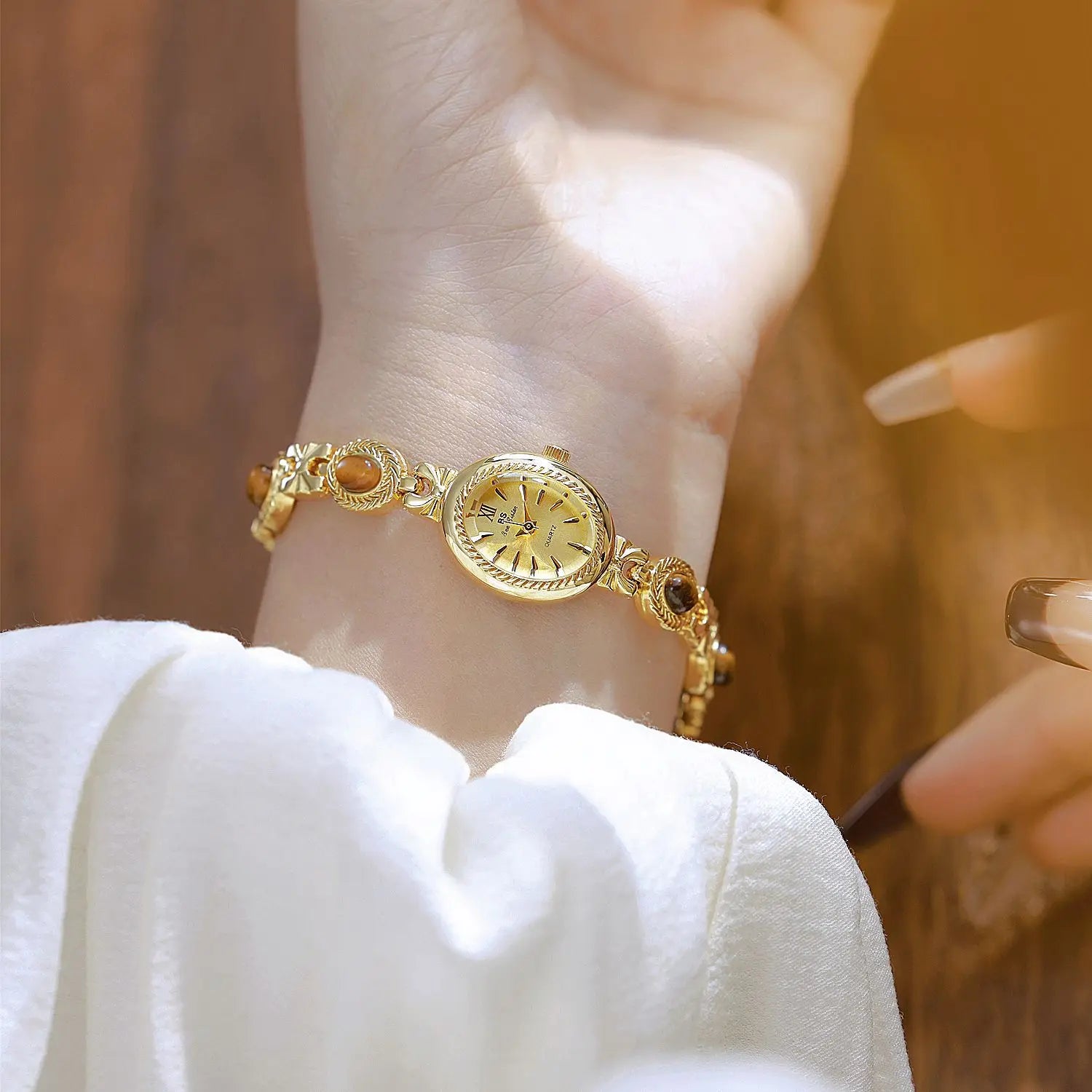 Women's Watch Natural Jade Bracelet Vintage Small Oval Dial Gold Retro Watches Luxury Brand Women Quartz Wristwatches Clock Gift