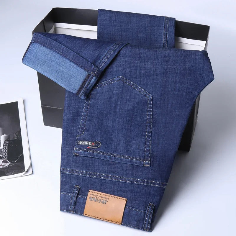 New Ice Silk Thin Denim Jeans For Men Blue Straight Stretch Cotton Pants Business Casual Lightweight Trousers Spring Summer