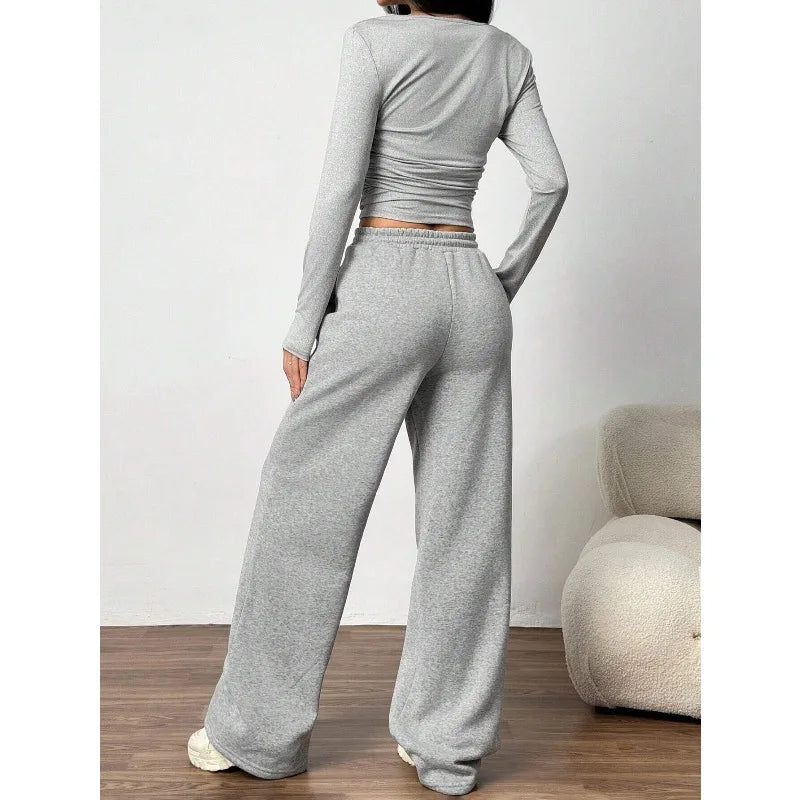 Women's Fashion Casual Wide Leg Pants Long Sleeve Crew Neck Solid Color Slim Two-piece Autumn and Winter Suit
