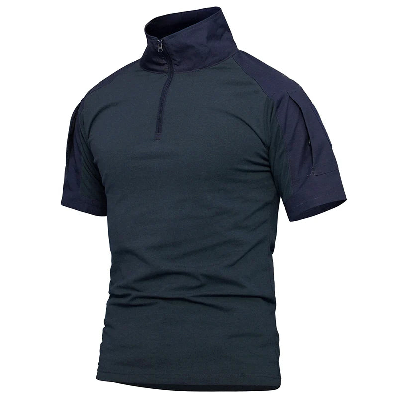 Summer Short Sleeve Combat Shirt Men 1/4 Zipper Cotton Tactical T Shirt Navy Blue Outdoor Shirts With Zipper Pocket