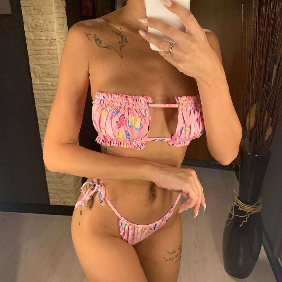 Sexy Leopard Bandeau Brazilian Bikini Swimsuit Female Swimwear Women Two-pieces Bikini set Pleated Bather Bathing Suit V1242L