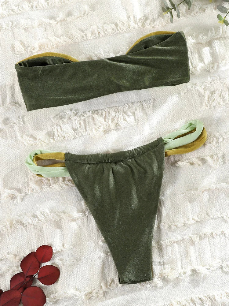Rinabe Women's Swimsuit Solid Biquinis Off Shoulder Bikinis Women Low Waist Swimwear Pleated Bathing Suit Female Bikini Sets