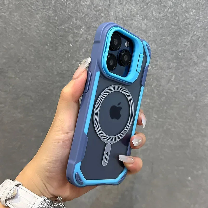 Armor Fold Lens Stand Protect For Magsafe Case For iPhone 16 13 12 14 15 Pro Max Plus Magnetic Wireless Charg Shockproof Cover