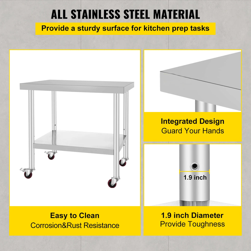 SucceBuy 36 x 30 inch Stainless Steel Work Table with 4 Wheels Heavy Duty Food Prep Worktable for Commercial Kitchen Restaurant