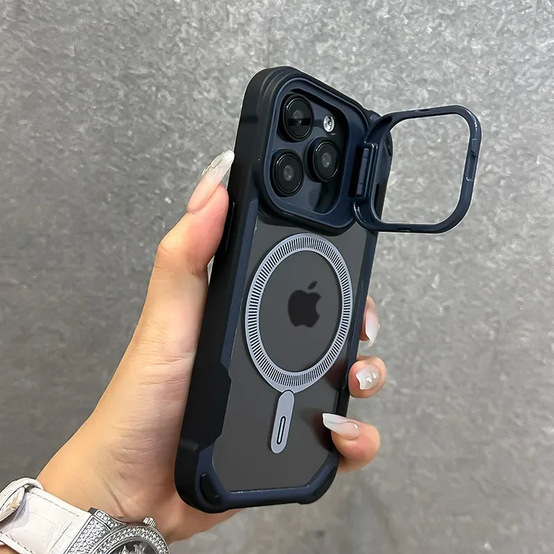 Armor Fold Lens Stand Protect For Magsafe Case For iPhone 16 13 12 14 15 Pro Max Plus Magnetic Wireless Charg Shockproof Cover