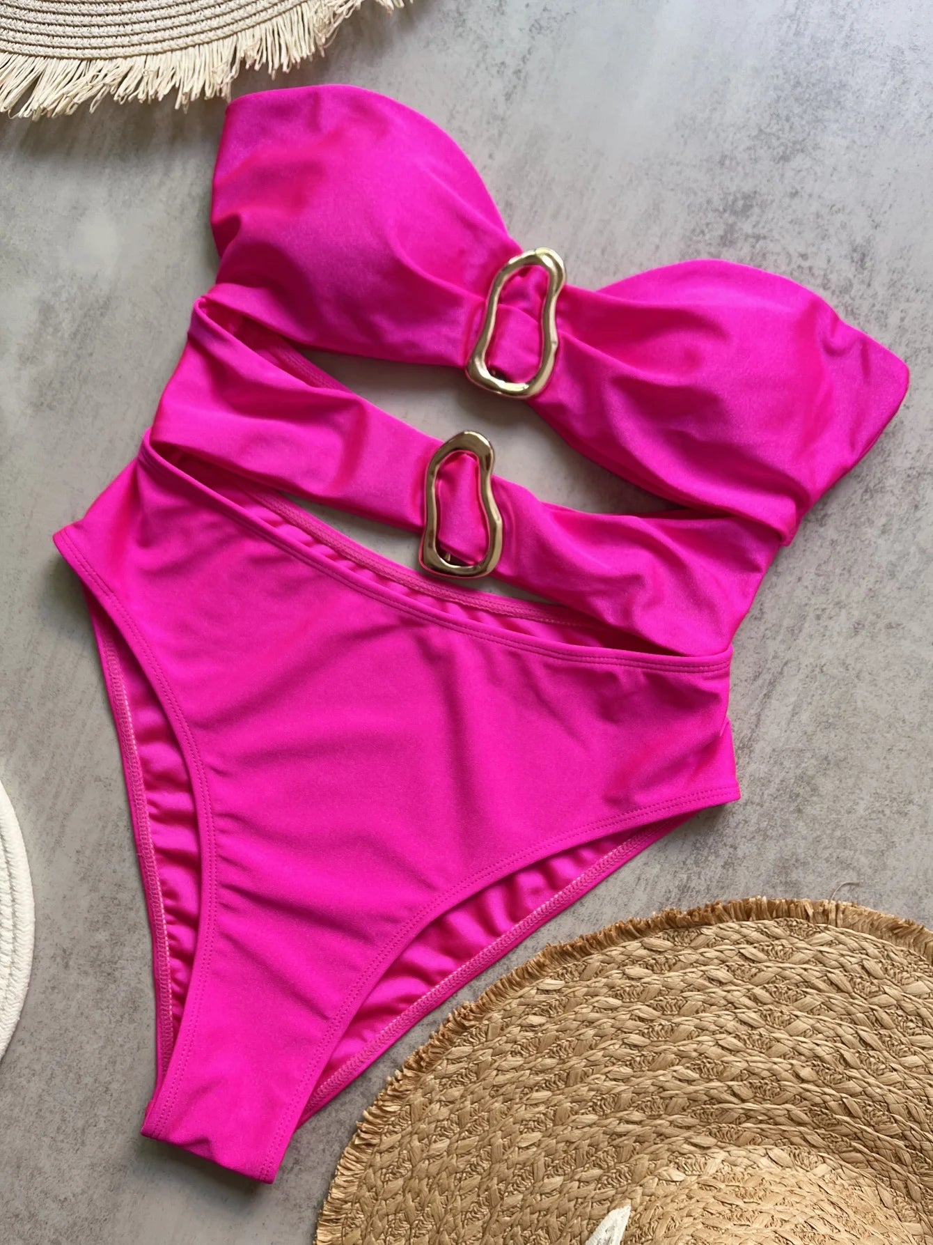 3 Colors Sexy Metal Rings Cut Out Women Swimwear One Piece Swimsuit Female Bandeau High Leg Cut Bather Bathing Suit Swim B022D - EXPRESS STORE