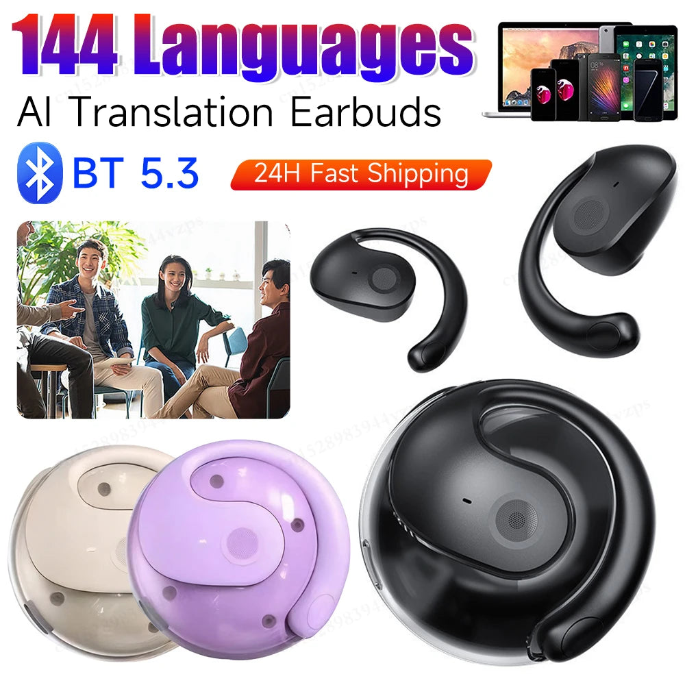 AI Real-time Language Translation Earphones Wireless BT 144 Languages Ear Hanging Headphone Translator for Travel Business