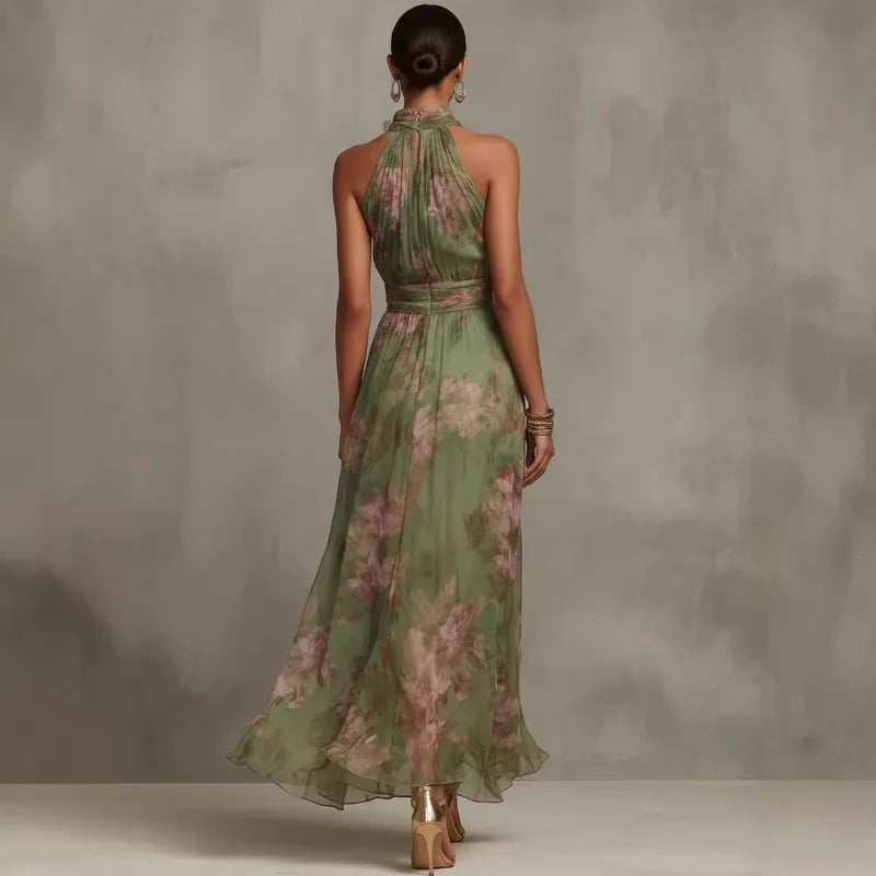Elegant Ruched Mesh Maxi Dress – Printed Split Cami Style