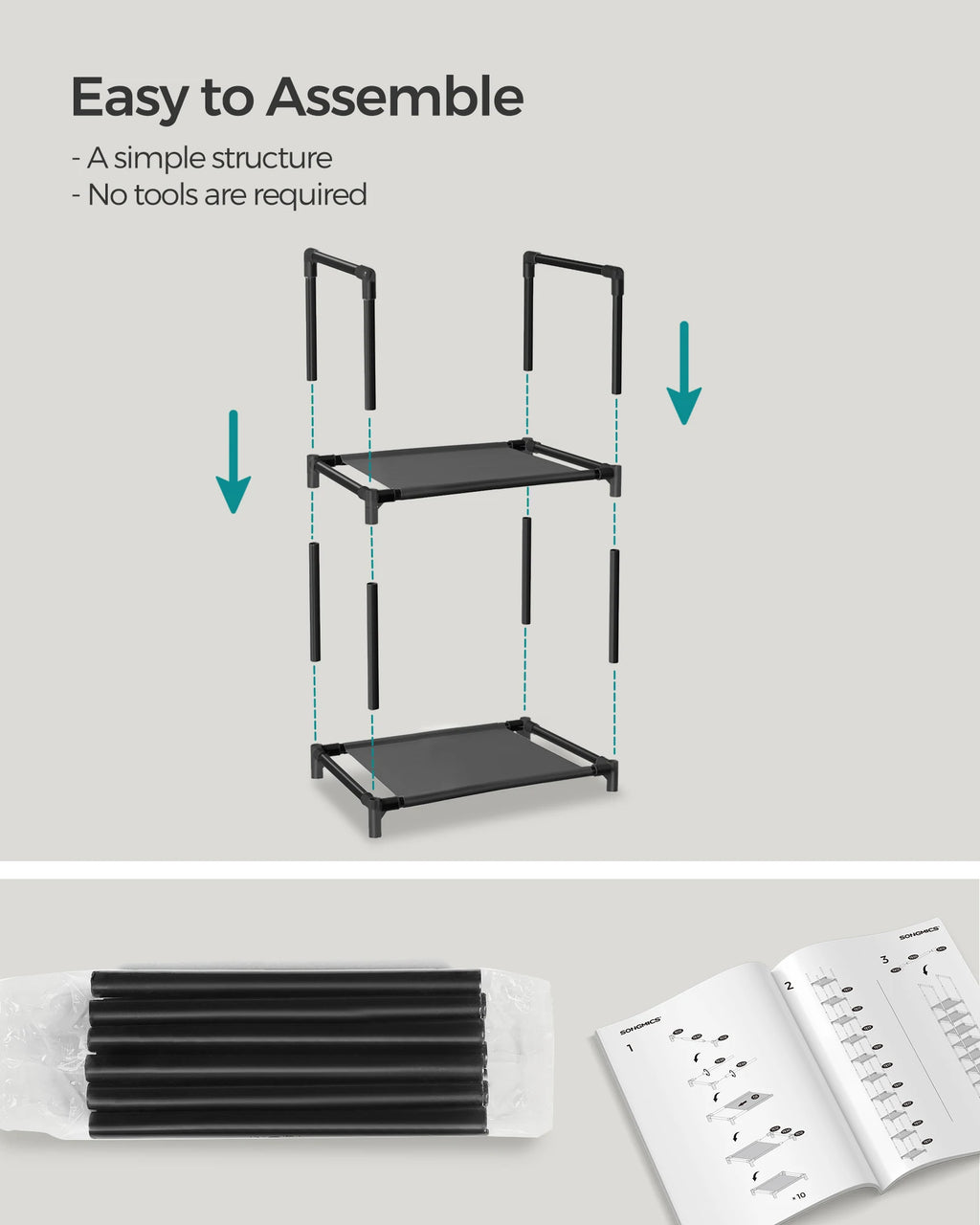 SONGMICS 10-Tier Shoe Rack, Shoe Stand, Space-Saving Shoe Storage, 33 x 33 x 173 cm, Metal Frame, Non-Woven Fabric Shelves