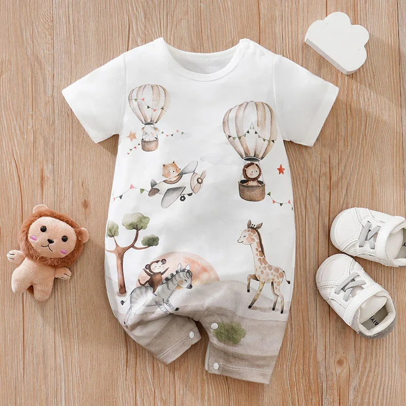 Baby Summer Animal Print Bodysuit – Short Sleeve Cute Cartoon Onesie for Boys & Girls