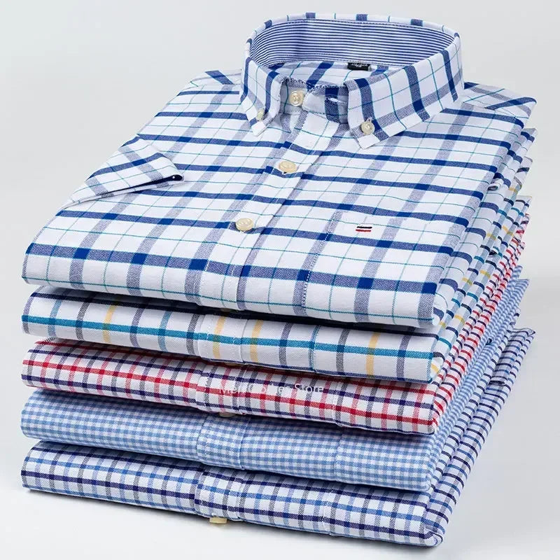 2026 100% Pure Cotton Men's Oxford Short Sleeve Square Collar Soild Plaid Striped Summer Casual Shirts Single Pocket  Shirt
