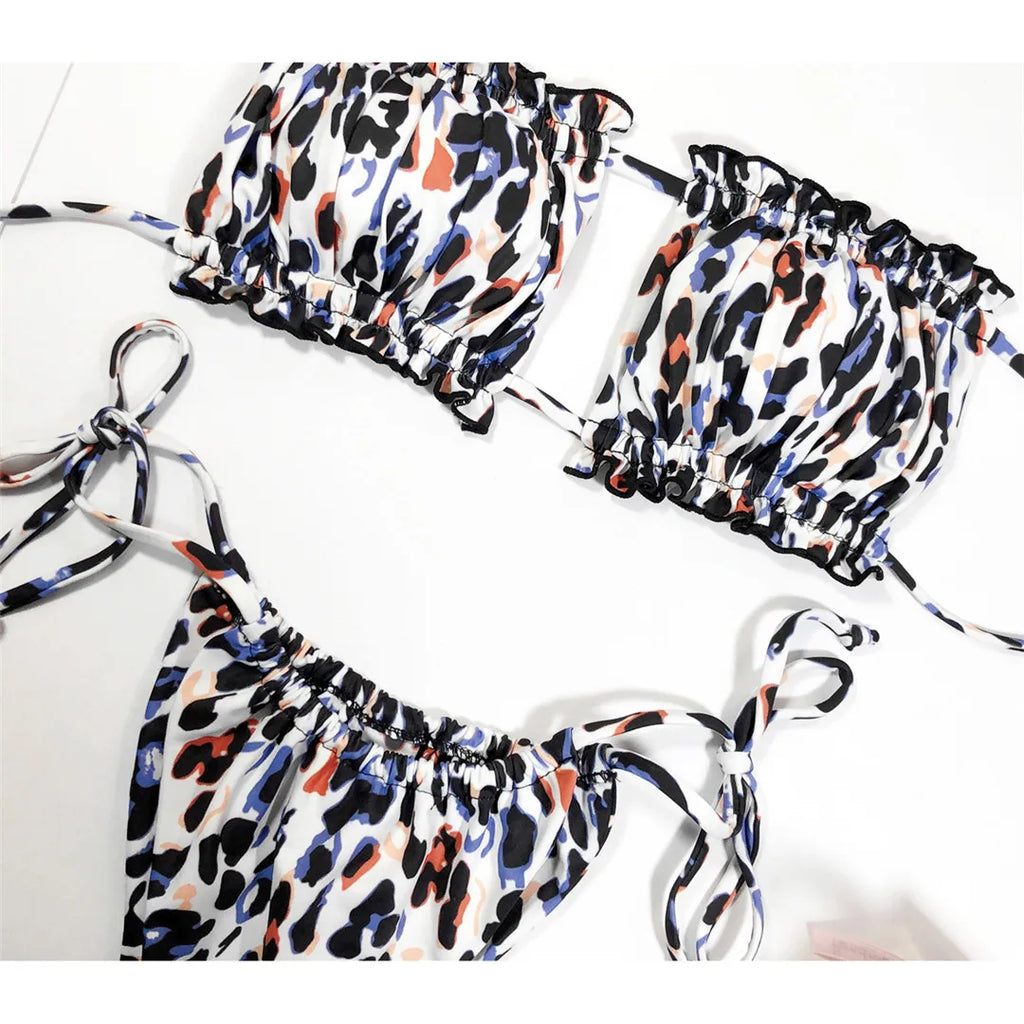 Sexy Leopard Bandeau Brazilian Bikini Swimsuit Female Swimwear Women Two-pieces Bikini set Pleated Bather Bathing Suit V1242L