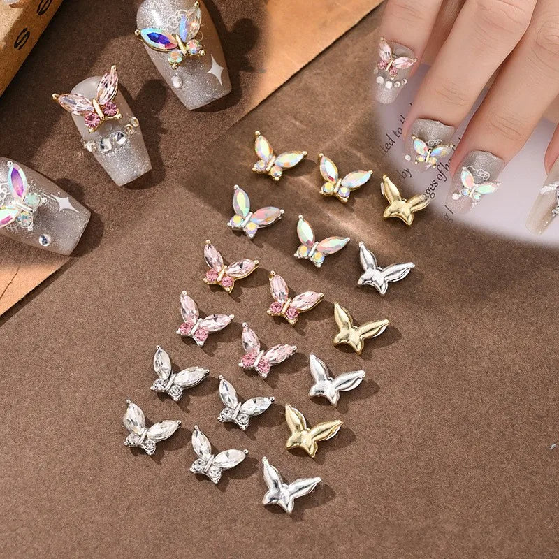 10PCS 3D Mini Crystal Butterfly Nail Art Charms Jewelry Parts Accessories Luxury Alloy Nails Decoration Rhinestones Supplies