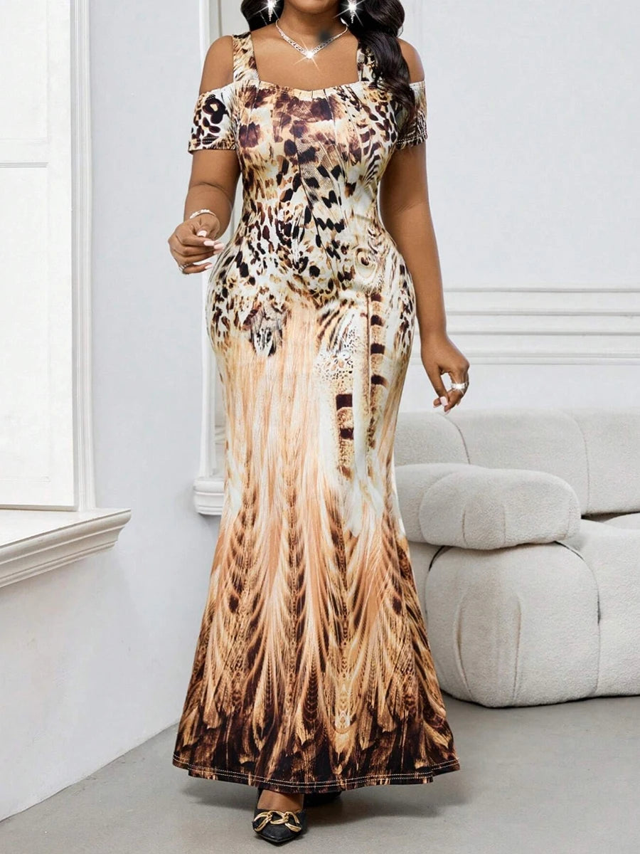 Plus Size Women's Dress Cold Shoulder Leopard Feather Print Fitted Dress Sexy Dress Spring Summer Chic Dress Party Light Dress