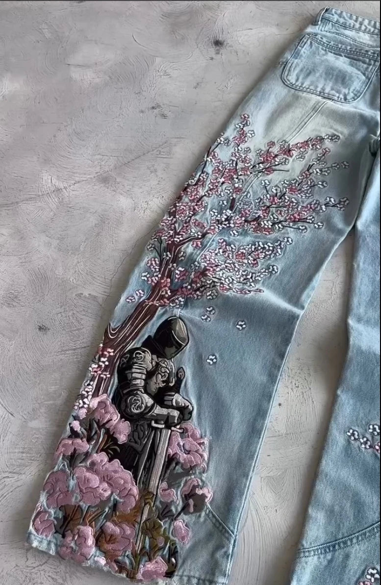 Men Women Cherry Blossom Knight All Embroidery Denim Pants Y2k Vintage Baggy Street Straight Jeans High Waisted Washed Blue Jean