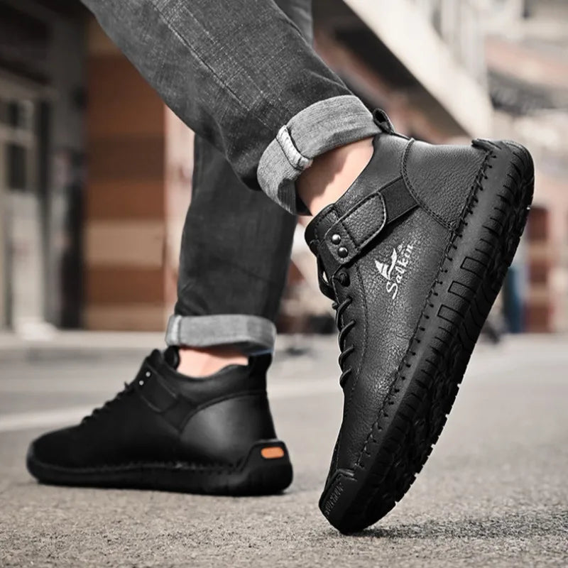 Winter New Men's Low-top Ankle Boots High Quality Hand-stitched Hook&loop Leather Casual Sneakers Classic Man Shoes Plus Size 48