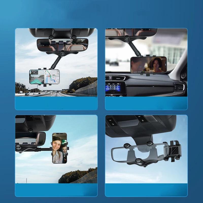 360° Car Rearview Mirror Phone Holder Mount Phone and GPS Holder Universal Rotating Adjustable Telescopic Phone Stand Support