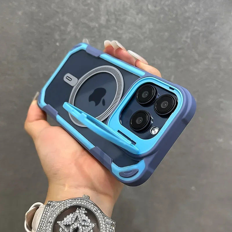 Armor Fold Lens Stand Protect For Magsafe Case For iPhone 16 13 12 14 15 Pro Max Plus Magnetic Wireless Charg Shockproof Cover