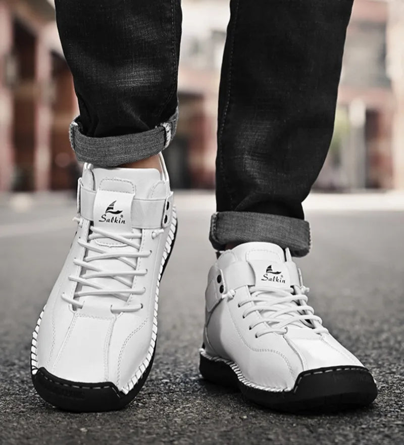 Winter New Men's Low-top Ankle Boots High Quality Hand-stitched Hook&loop Leather Casual Sneakers Classic Man Shoes Plus Size 48
