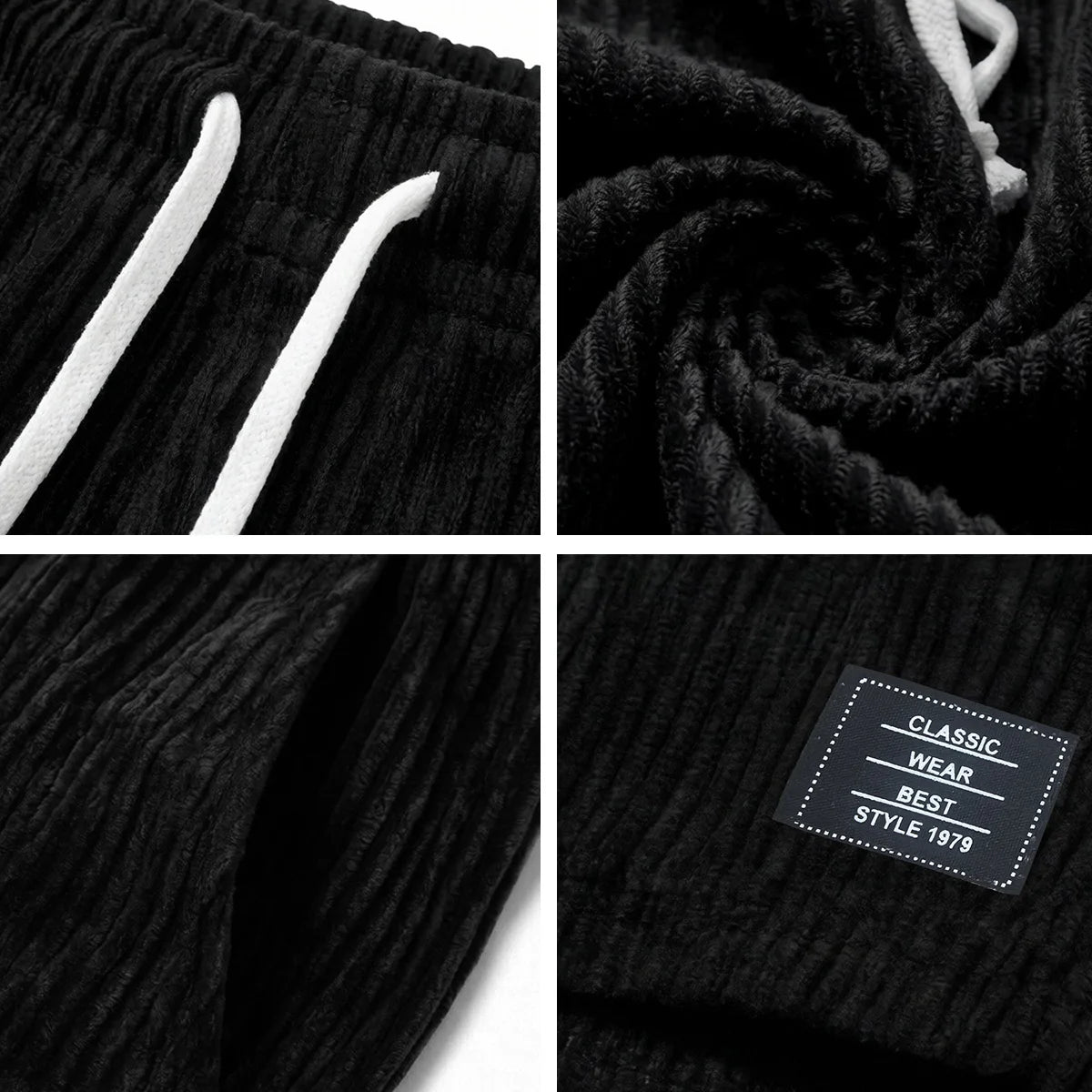 3-piece set of thick striped black label men's corduroy casual shorts, summer retro logo lace up loose sports five quarter pants, multi pocket training pants.