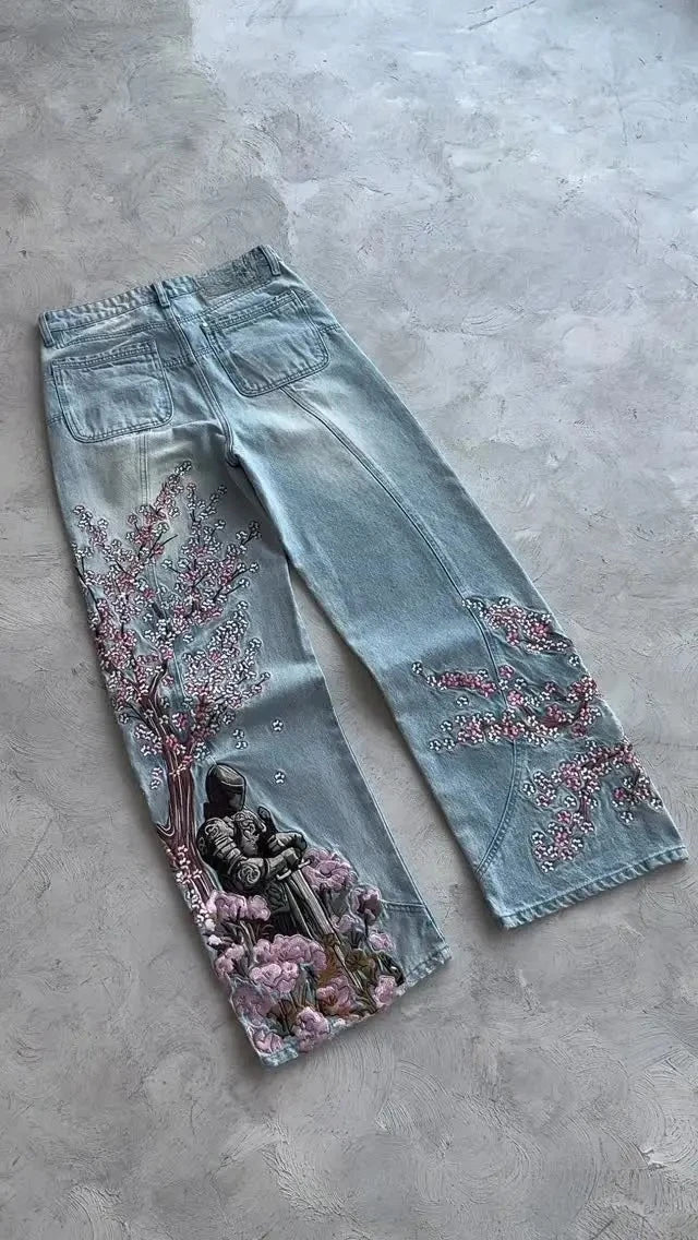 Men Women Cherry Blossom Knight All Embroidery Denim Pants Y2k Vintage Baggy Street Straight Jeans High Waisted Washed Blue Jean