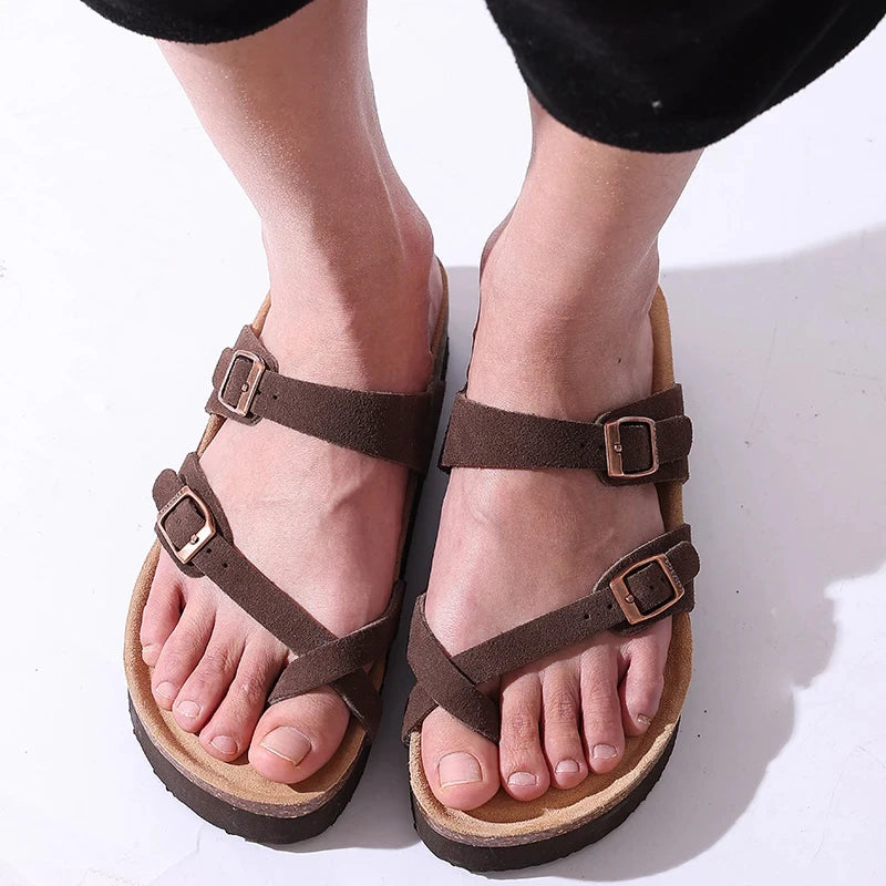 Litfun Women's Cork Footbed Sandals Classic Flat Sandals Fashion Thick Bottom Double Buckle Slides Beach Sandals With Adjustable
