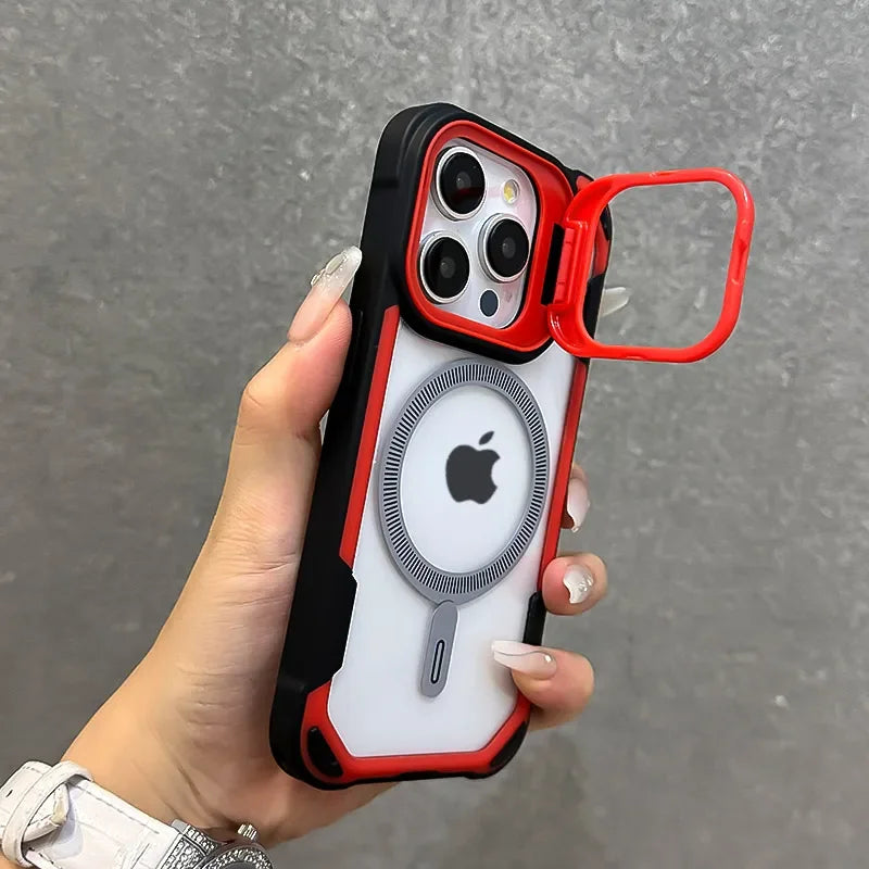 Armor Fold Lens Stand Protect For Magsafe Case For iPhone 16 13 12 14 15 Pro Max Plus Magnetic Wireless Charg Shockproof Cover