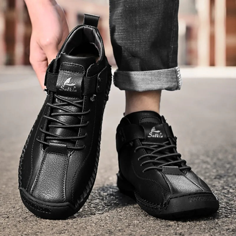 Winter New Men's Low-top Ankle Boots High Quality Hand-stitched Hook&loop Leather Casual Sneakers Classic Man Shoes Plus Size 48