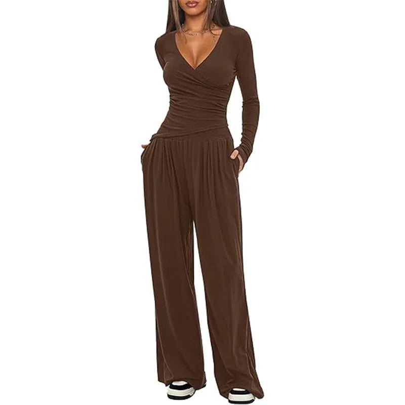 2025 autumn and winter wide leg pants set, women's long sleeved multi occasion sportswear, commuting hot selling item