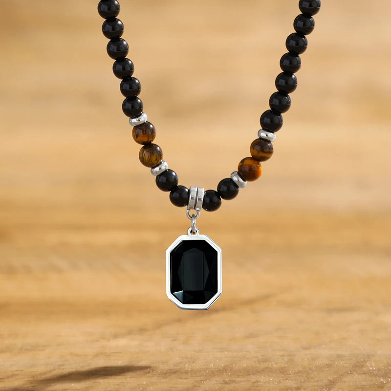 Black Beads with Square Pendant Necklace for Men Trendy Accessories on the Neck Collar 2025 Fashion Jewelry Male Gift Decoration