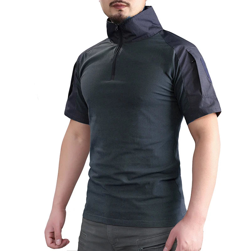 Summer Short Sleeve Combat Shirt Men 1/4 Zipper Cotton Tactical T Shirt Navy Blue Outdoor Shirts With Zipper Pocket