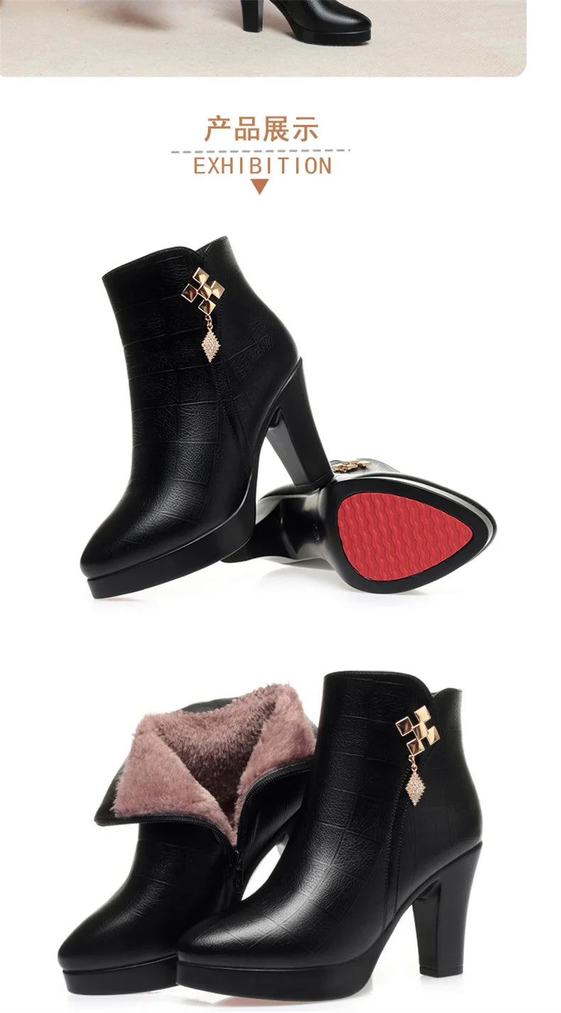Women High Heels Soft Leather Ankle Boots Autumn Winter Platform Plush Boots Brand Fashion Point Toe Middle Heel Cotton Shoes