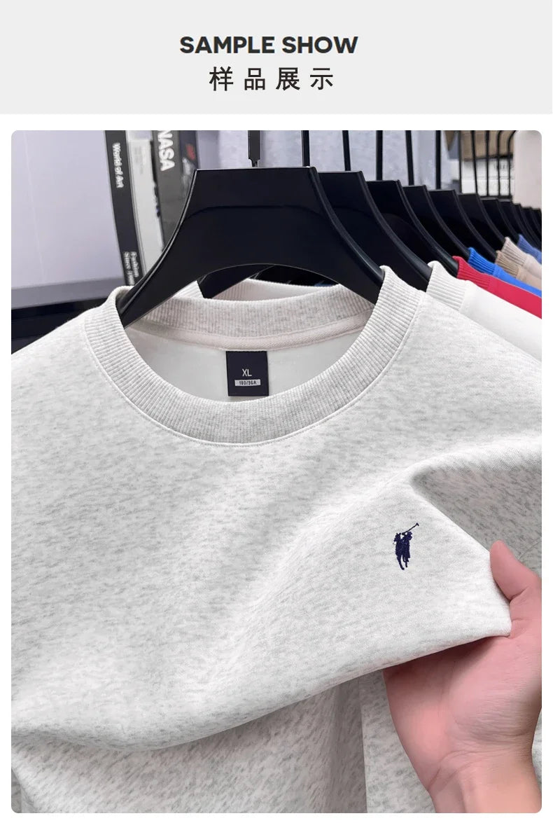 2025 New Men's Round Neck Printed Casual Long Sleeve Hoodie Solid Color Versatile Fleece Loose Casual T-Shirt