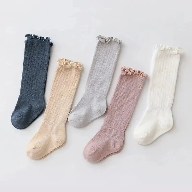 Baby Girls Lace Knee High Socks – 3 Pairs Frilly Ruffle Cotton Long Socks for Newborns & Infants