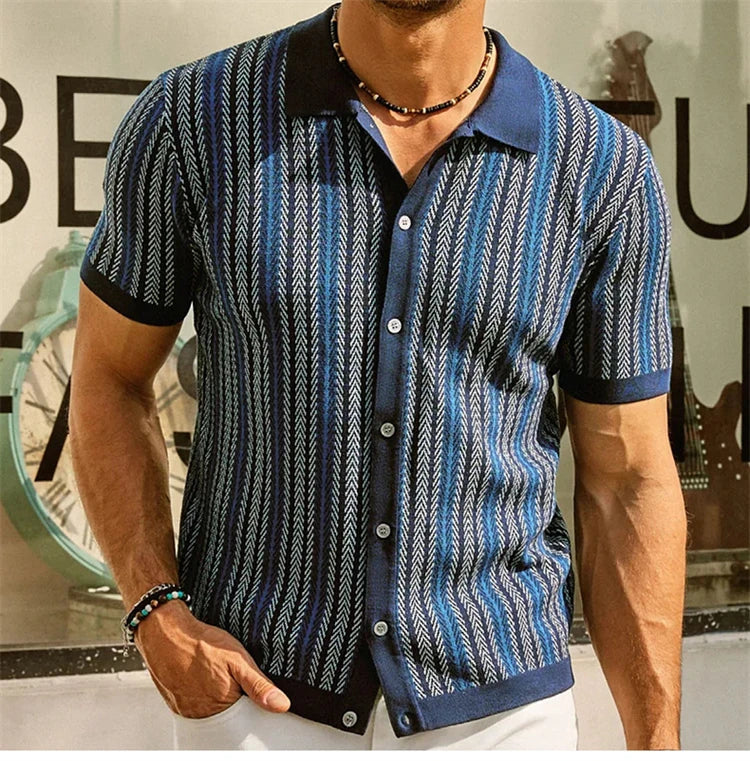 High End Jacquard Striped Polo Shirts For Men Short Sleeve Elastic Summer Quality Viscose Knitted Smart Casual Camisas De Hombre
