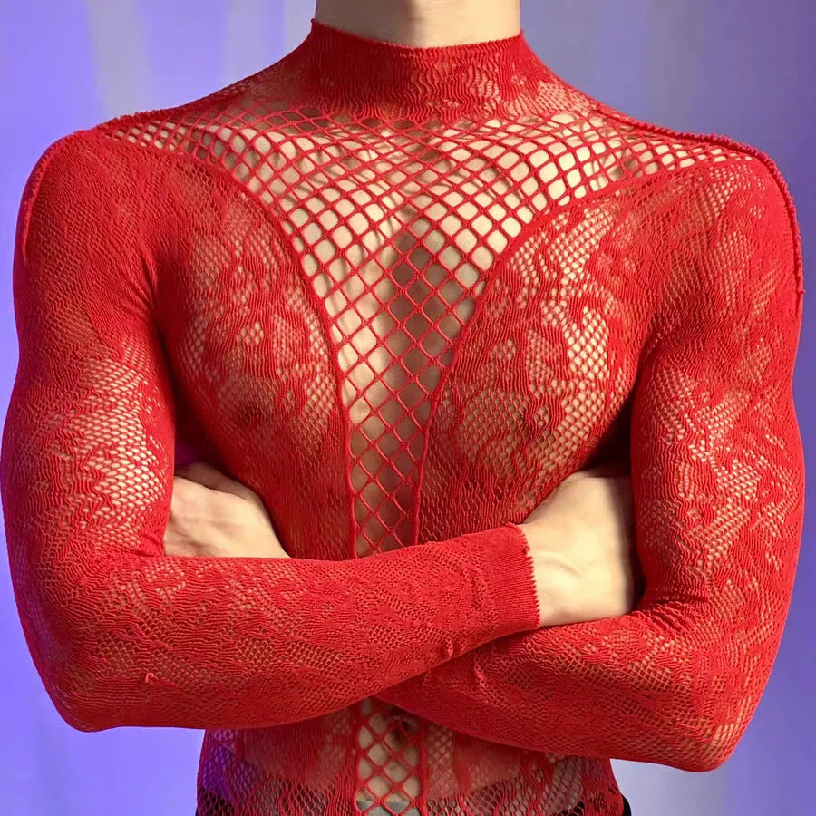 Summer Men's Mesh Tank Transparent Full Sleeves Round Neck T-shirt MenWomen Comfortable Breathable Bodysuit Trend Party Clothing