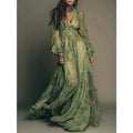 Vestido Bohemio Estampado Manga Larga con Escote en V – Estilo Pastoral