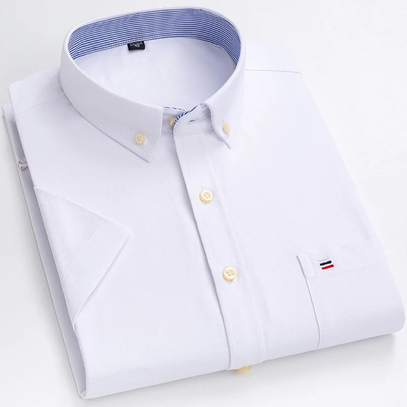 2026 100% Pure Cotton Men's Oxford Short Sleeve Square Collar Soild Plaid Striped Summer Casual Shirts Single Pocket  Shirt