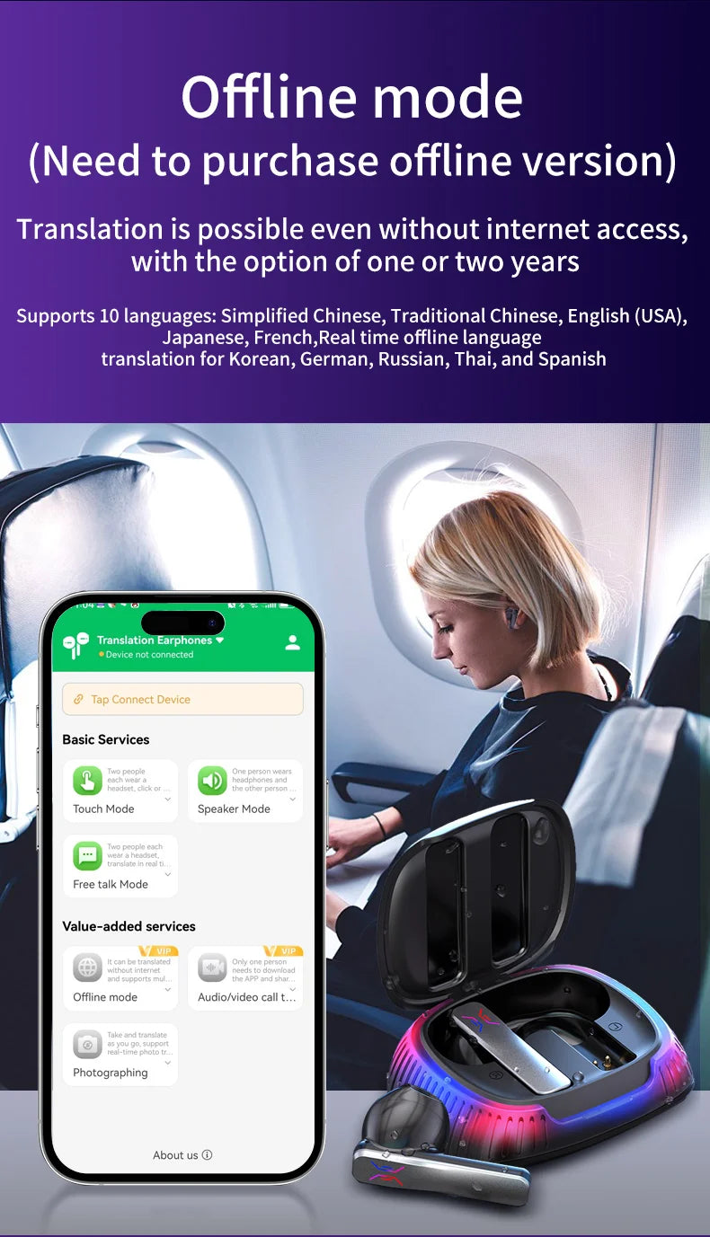 AI conversion original 74 languages intelligent real-time voice translation Translation headset, 4 translation modes