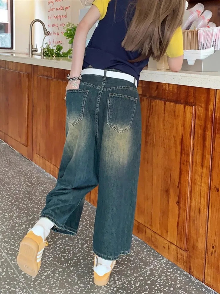 Retro Blue Wide Short Jeans Women Baggy Y2k Jorts Casual Vintage Streetwear Harajuku Korean Style Denim Shorts Basic Summer 2024