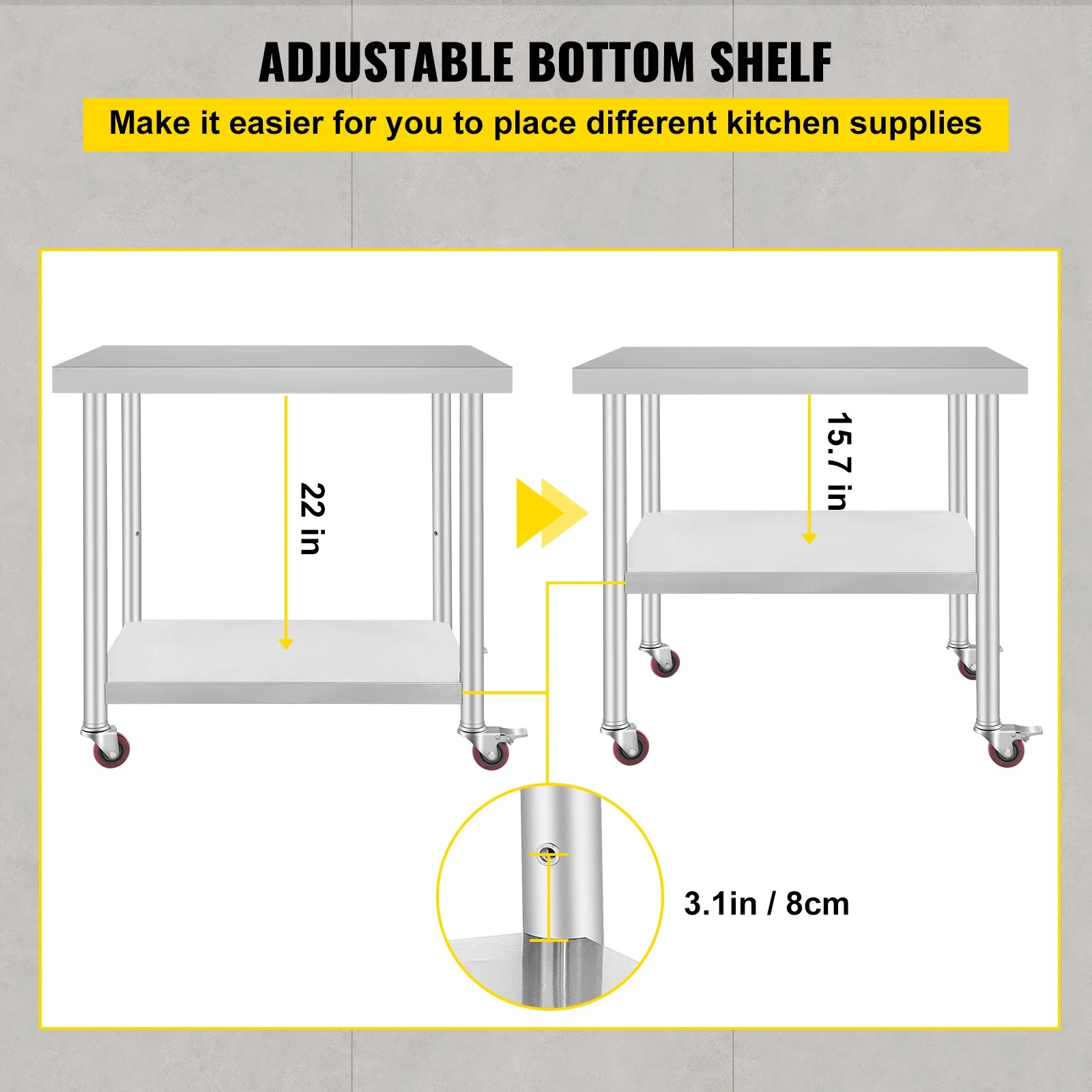 SucceBuy 36 x 30 inch Stainless Steel Work Table with 4 Wheels Heavy Duty Food Prep Worktable for Commercial Kitchen Restaurant