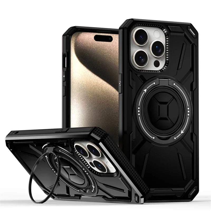 Luxury 360 ° Rotating Metal Ring Bracket Armor Magnetic Suction Protective Case for iPhone 16 15 14 13 12 11 Pro Max Plus case