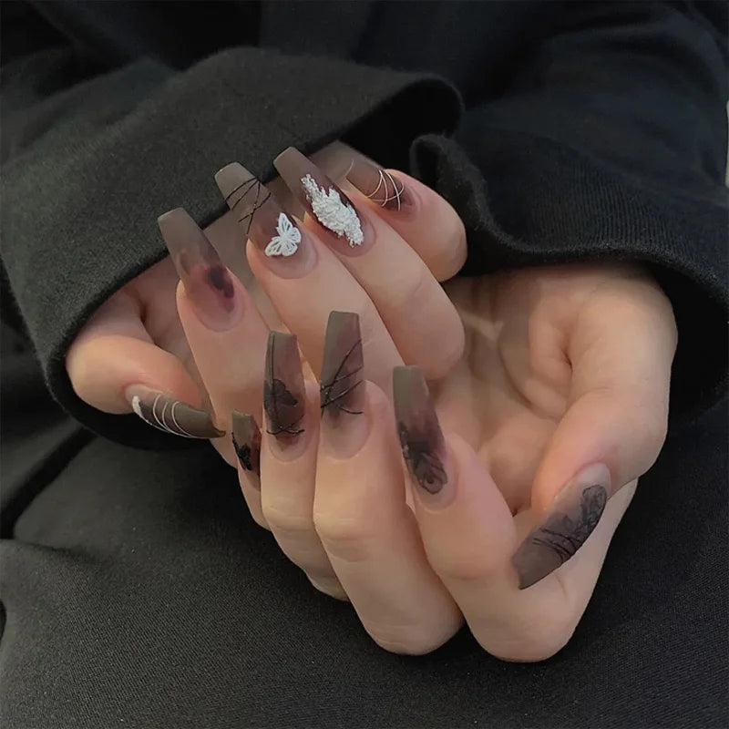 24Pcs Gold French Border False Nails Long Coffin False Nails with Rhinestones Ballerina Full Cover Nail Tips Press on Nails 2030