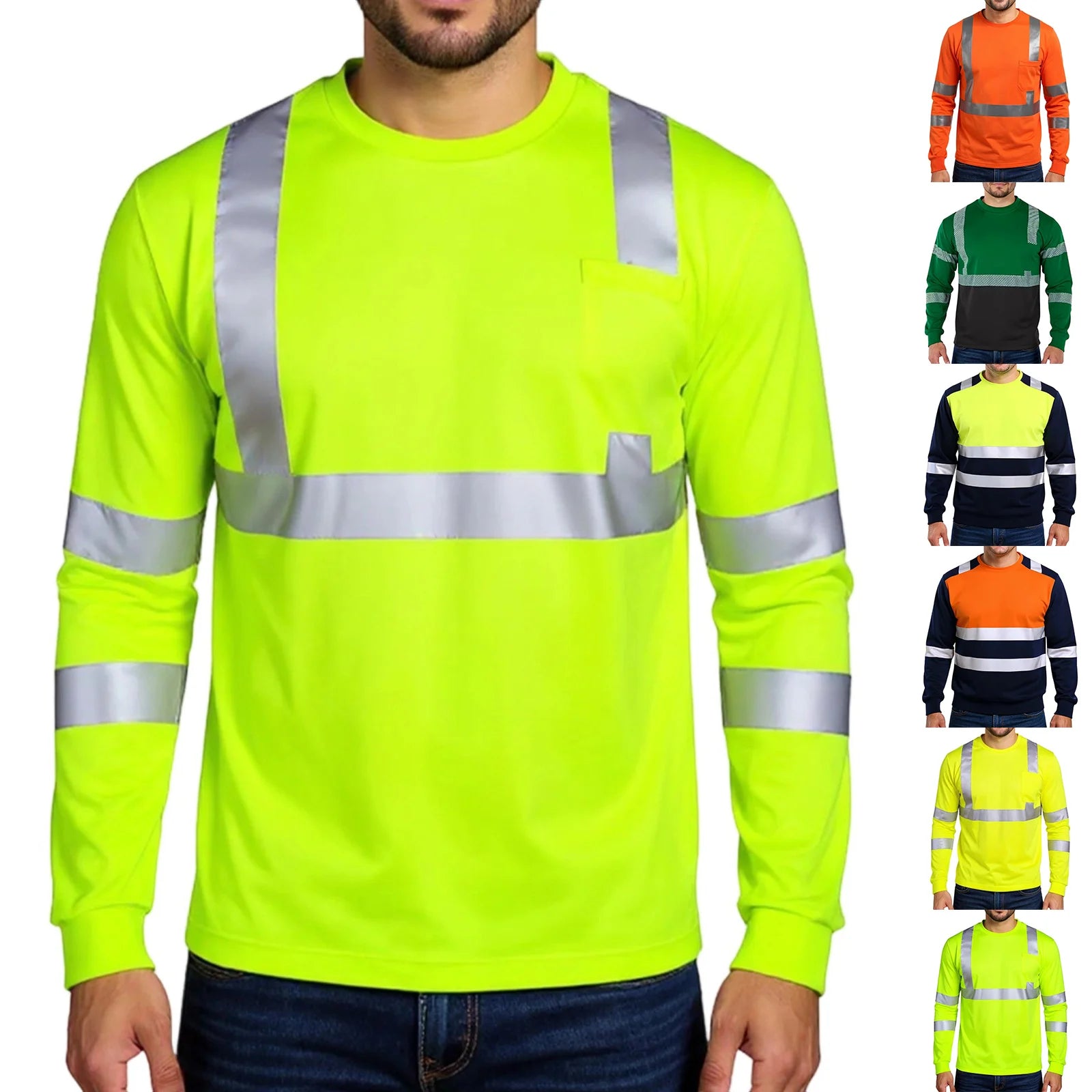 High Visibility Long Sleeve Round Neck T-shirt Reflective Workwear For Engineering Wharf Moisture Wicking Casual Men Top