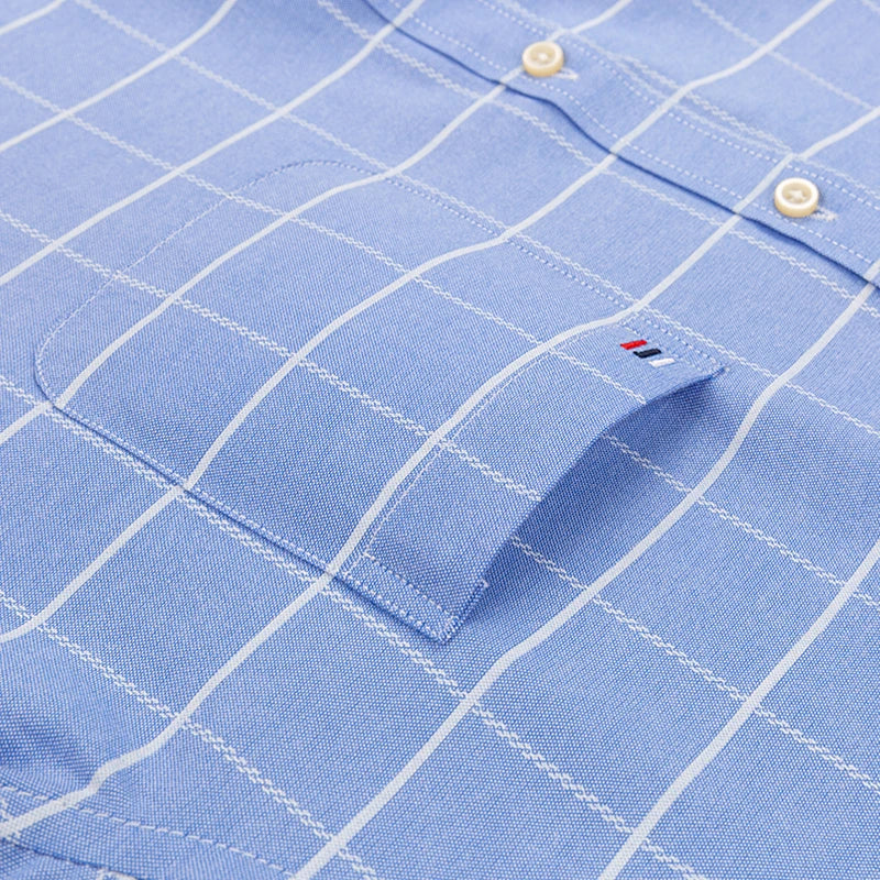 2026 100% Pure Cotton Men's Oxford Short Sleeve Square Collar Soild Plaid Striped Summer Casual Shirts Single Pocket  Shirt