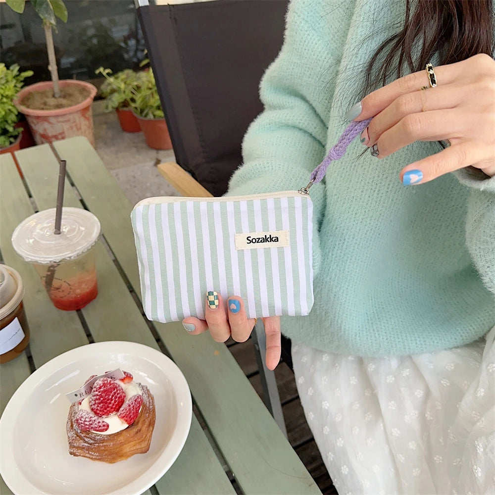 Small Cosmetic Make Up Bag Mini Canvas Striped Organizer Bags for Women Lipstick Makeup Case Children Cute Purse Coin Pouch Case
