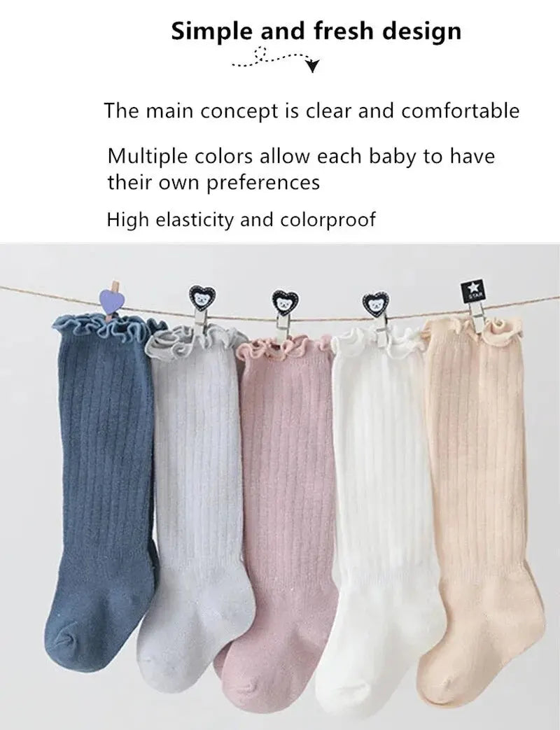 Baby Girls Lace Knee High Socks – 3 Pairs Frilly Ruffle Cotton Long Socks for Newborns & Infants