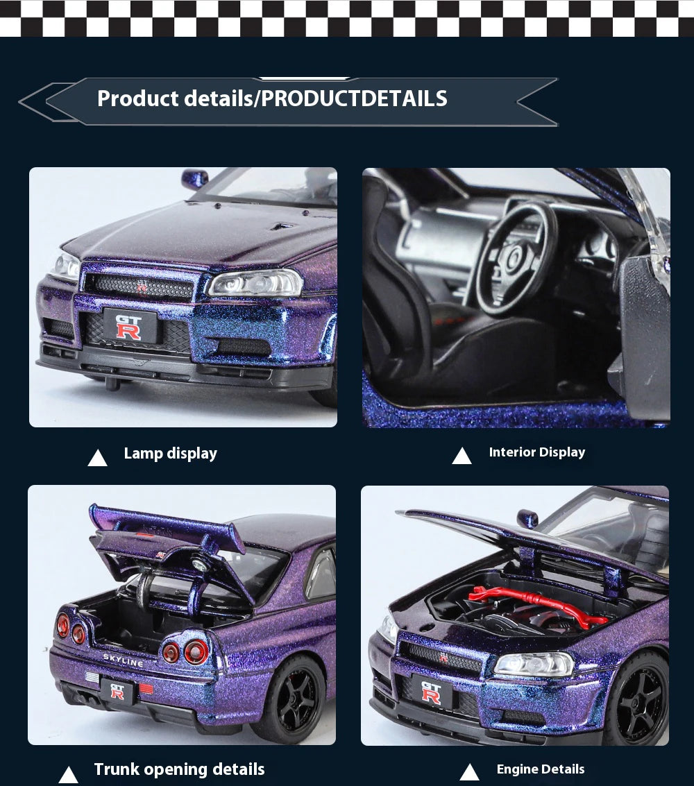 1:32 Nissan GTR R34 Skyline Street Car Version Supercar Diecast Model Car Alloy Metal Car Accessories Ornament Automobile Gifts
