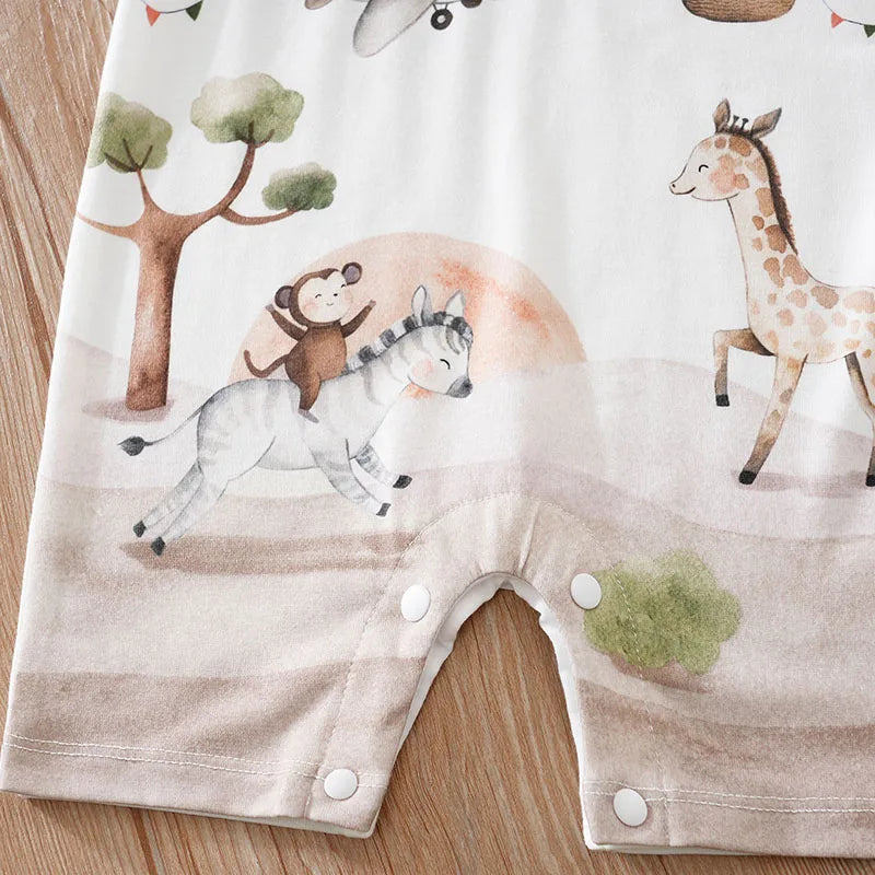 Baby Summer Animal Print Bodysuit – Short Sleeve Cute Cartoon Onesie for Boys & Girls
